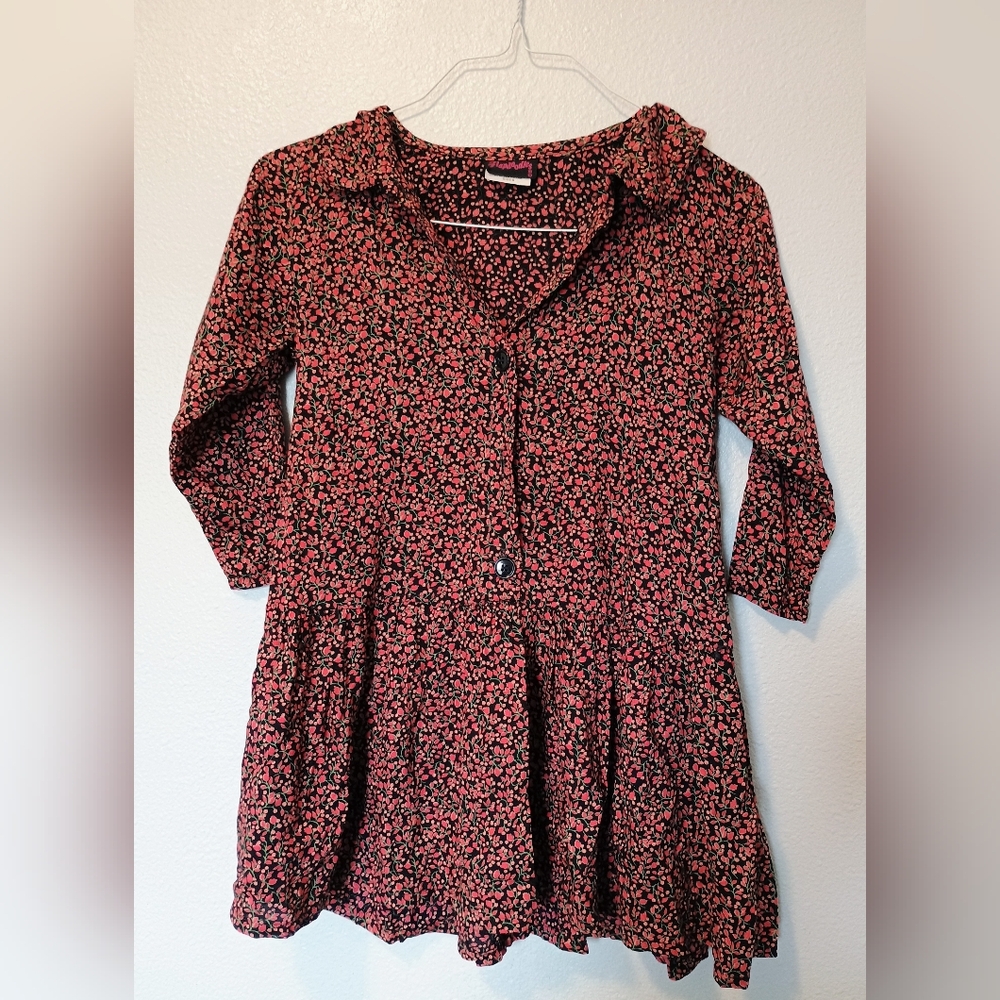 Flapdoodles Kids Red And Black Floral Drop Waiste Button-Up Dress SZ 8